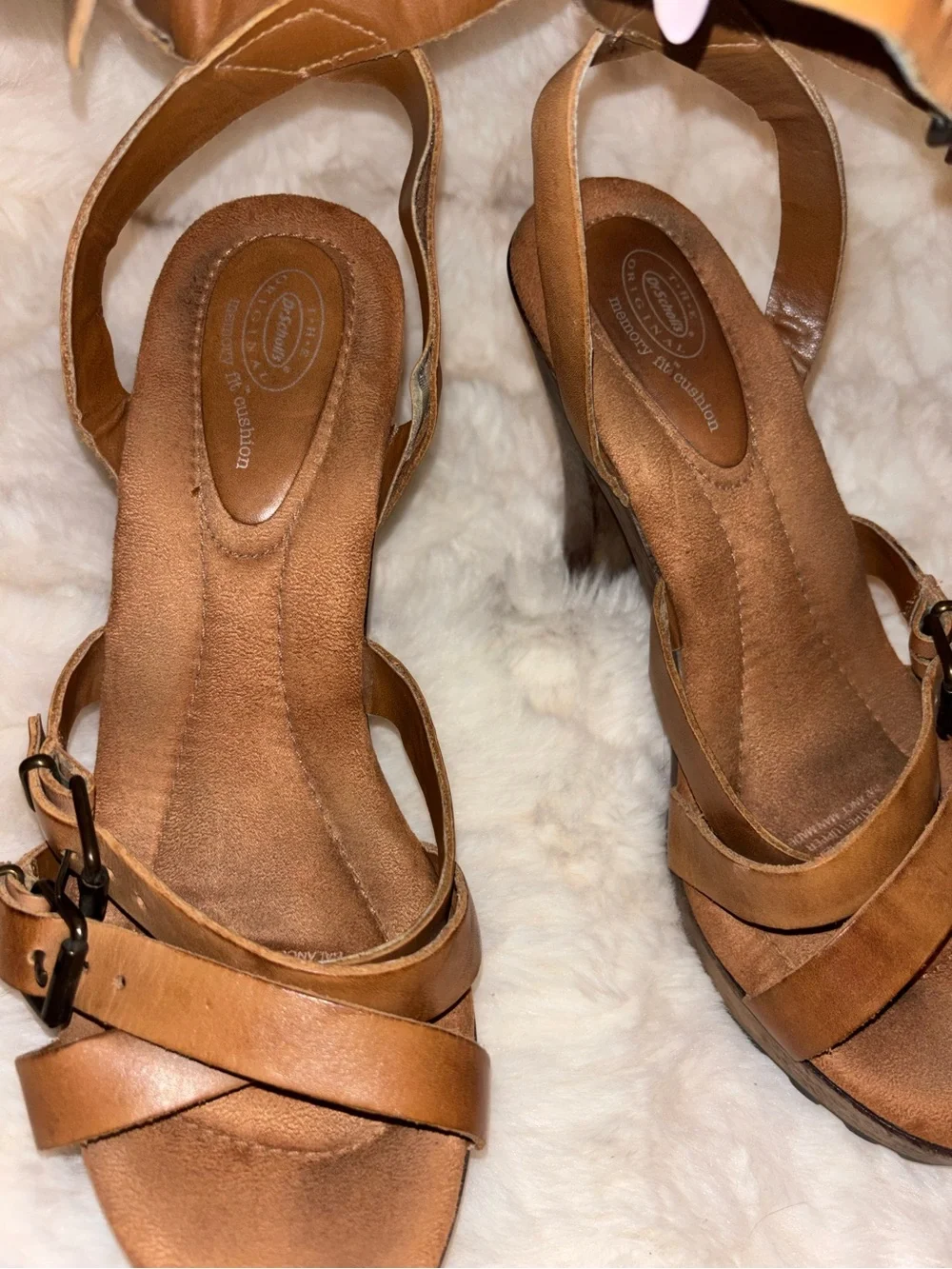 Dr. Scholls Tan Leather Buckle Platform Heels